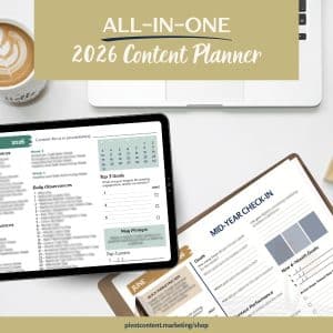 Content planning pages from an all-in-one workbook by Pivot Content Marketing, shown both on a tablet and in printed form on a clipboard