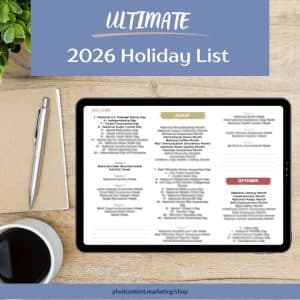 2026 Holiday List & Observance Calendar by Pivot Content Marketing, shown on a tablet